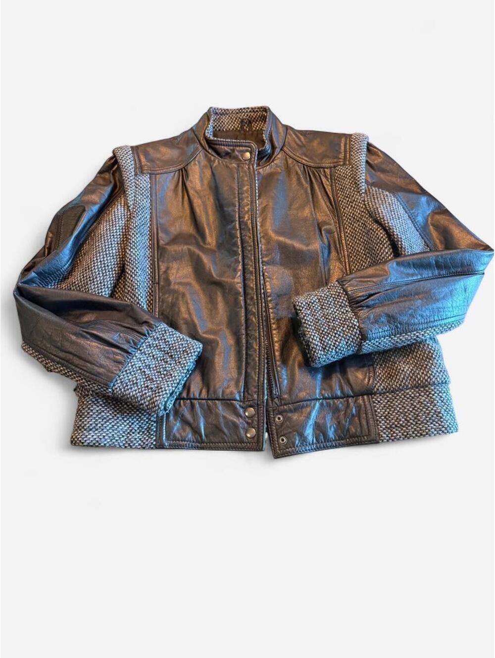 Vintage Black leather jacket with gray textured panels on shoulders and cuffs
